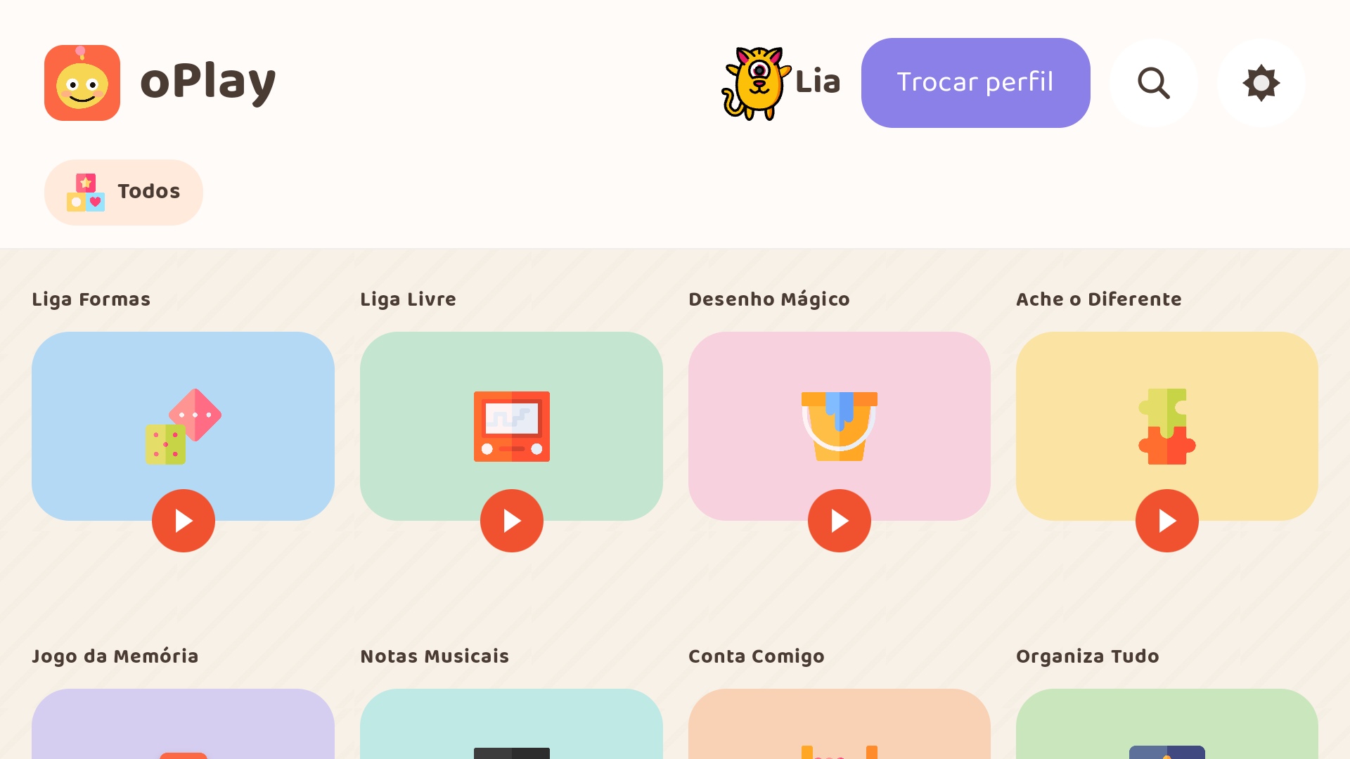 Catálogo de jogos do oPlay em uma tela de tablet